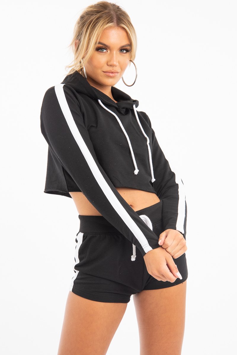 Black White Cropped Hoodie and Shorts Co-ord - Kya-Co-ords