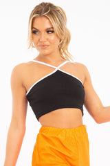 Black White Cross Front Straps Ribbed Crop Top - Vixi-Crop Tops