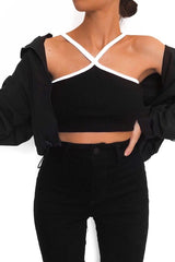 Black White Cross Front Straps Ribbed Crop Top - Vixi-Crop Tops