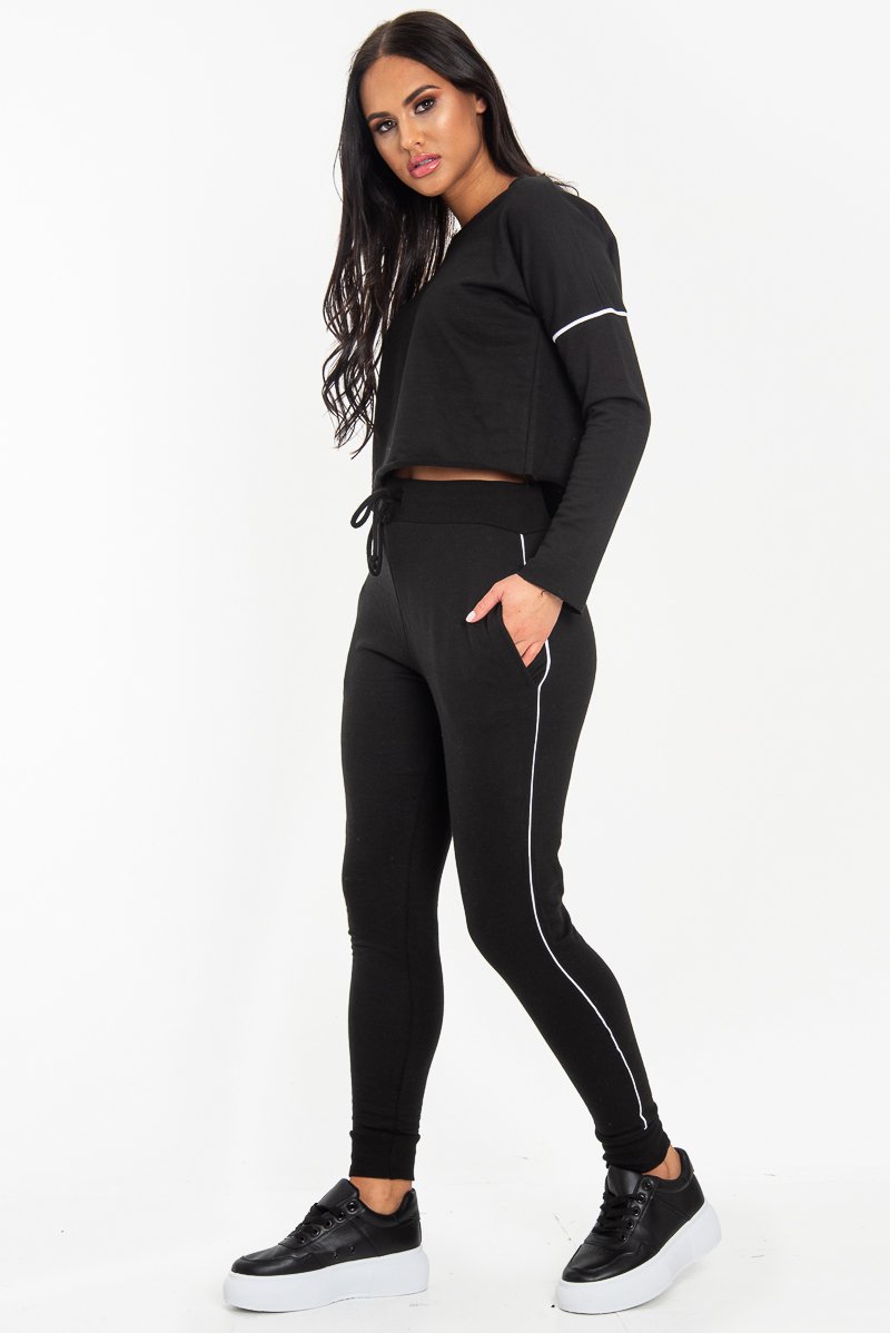 Black White Detail Line Sweatshirt and Jogger Set - Shealee-Tracksuits