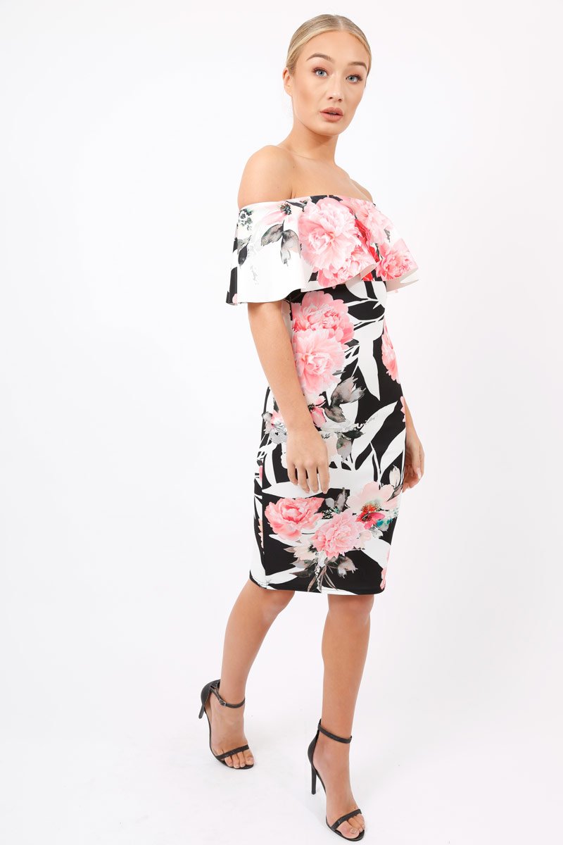 Black & White Floral Bardot dress - Martina-Dresses