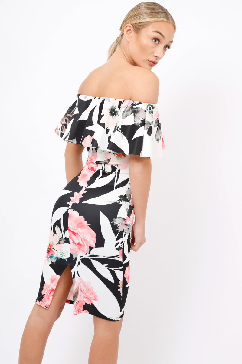 Black & White Floral Bardot dress - Martina Rebellious Fashion Black & White Floral Bardot dress - Martina Rebellious Fashion