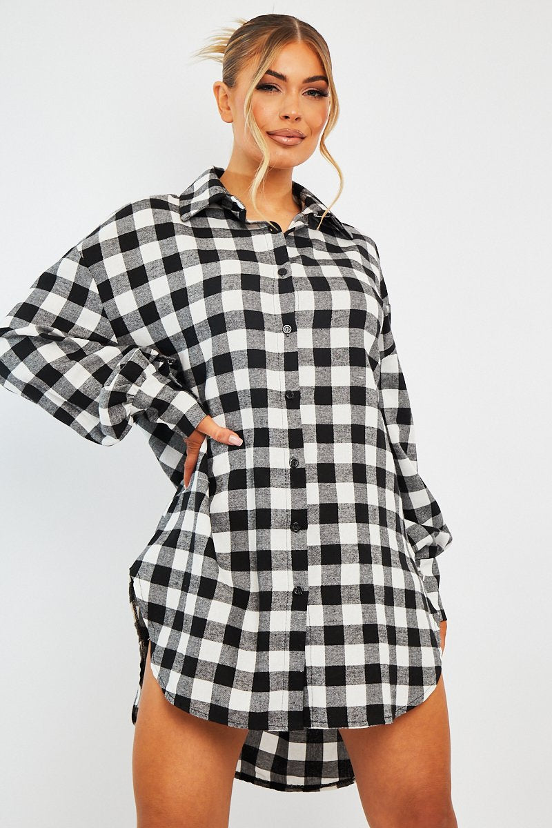 Black White Gingham Check Shirt Dress - Chesca-Dresses