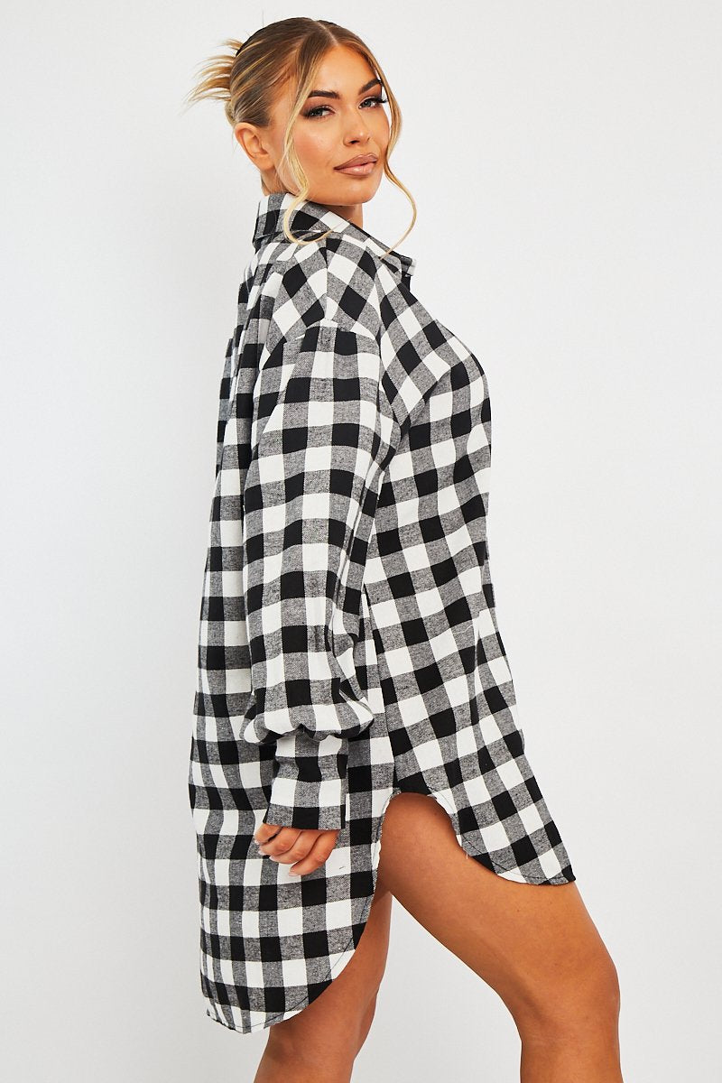 Black White Gingham Check Shirt Dress - Chesca-Dresses