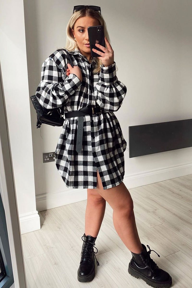 Black White Gingham Check Shirt Dress - Chesca-Dresses