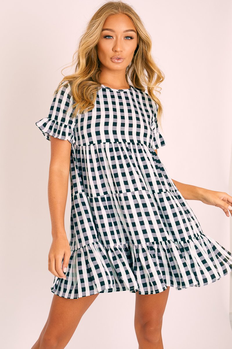 Black White Green Check Tiered Smock Dress - Ossie-Dresses