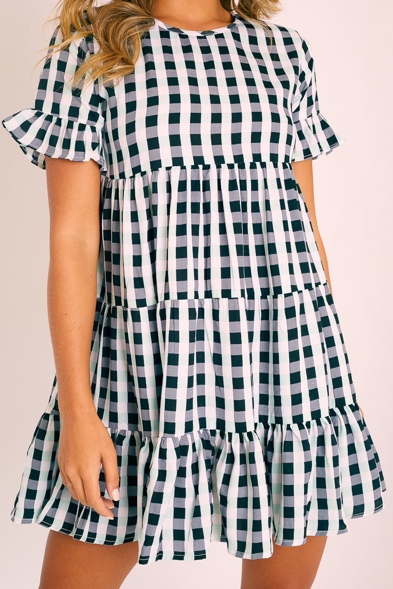 Black White Green Check Tiered Smock Dress - Ossie-Dresses