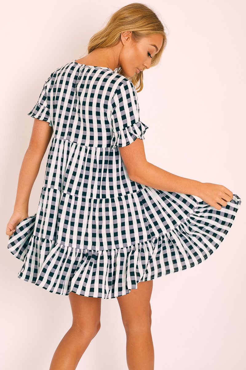 Black White Green Check Tiered Smock Dress - Ossie-Dresses
