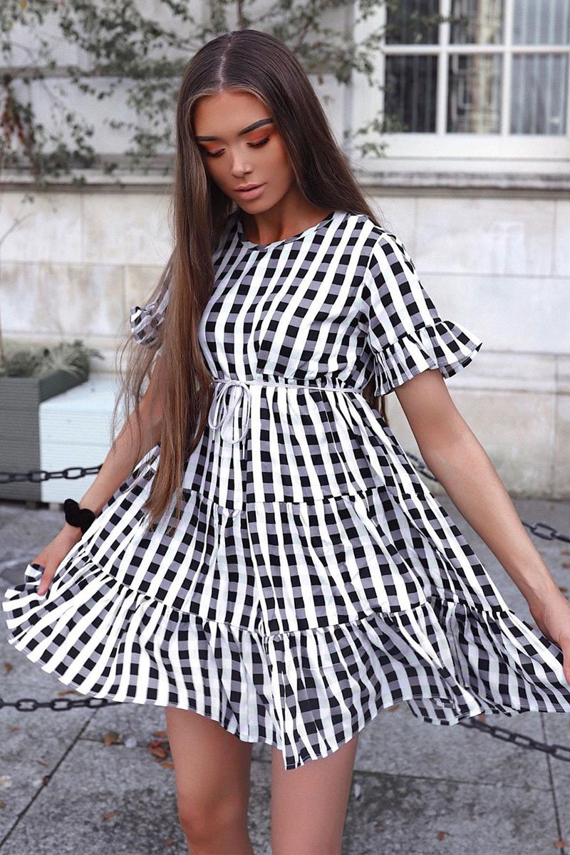 Black White Green Check Tiered Smock Dress - Ossie-Dresses