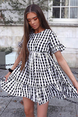 Black White Green Check Tiered Smock Dress - Ossie-Dresses