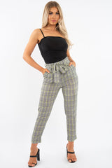 Black White Green Houndstooth Belted Trouser - Xiara-Trousers