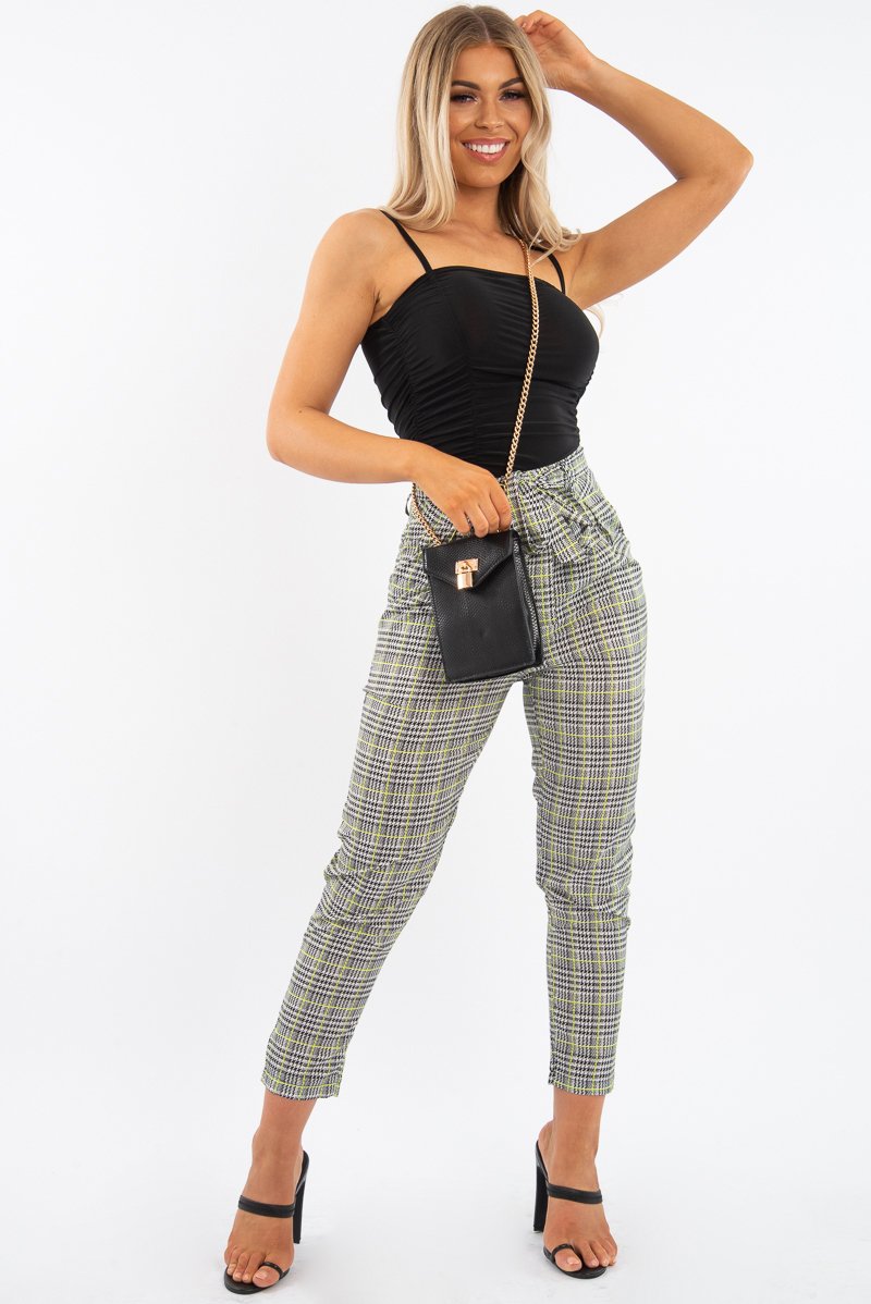 Black White Green Houndstooth Belted Trouser - Xiara-Trousers