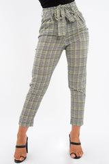 Black White Green Houndstooth Belted Trouser - Xiara-Trousers