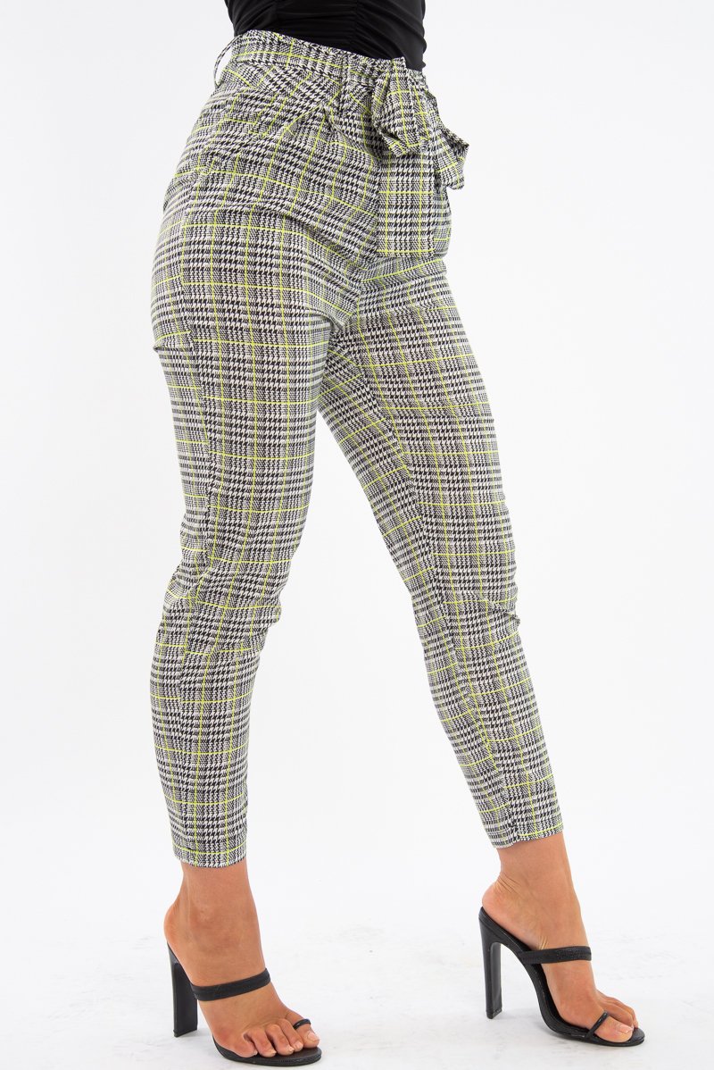 Black White Green Houndstooth Belted Trouser - Xiara-Trousers