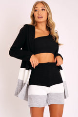 Black White Grey Knitted Shorts and Hooded Cardigan Co-ord - Kyrie-Cardigans