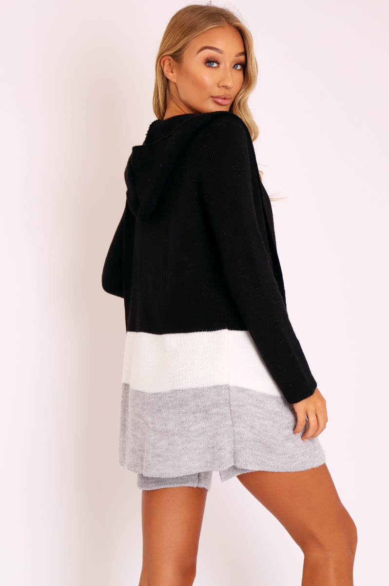 Black White Grey Knitted Shorts and Hooded Cardigan Co-ord - Kyrie-Cardigans