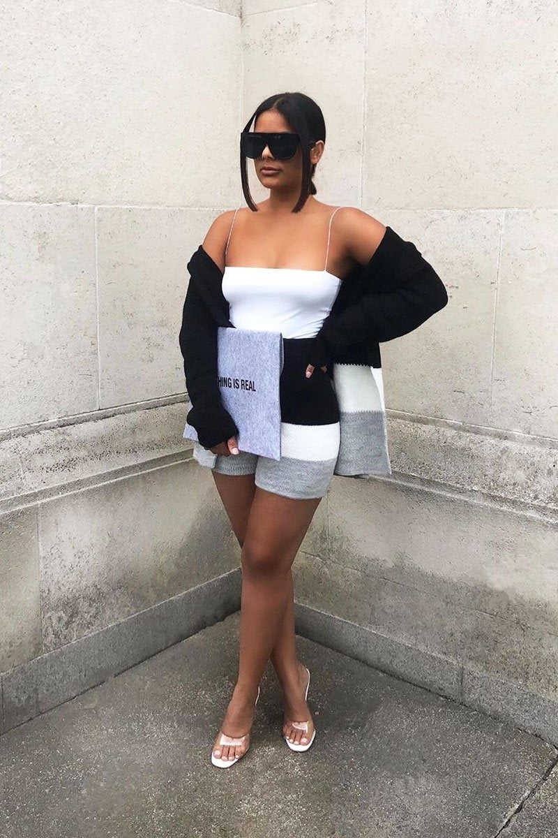 Black White Grey Knitted Shorts and Hooded Cardigan Co-ord - Kyrie-Cardigans