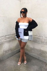Black White Grey Knitted Shorts and Hooded Cardigan Co-ord - Kyrie-Cardigans
