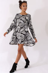 Black & White Halloween Sugar Skull Swing Dress - Calavera-Dresses