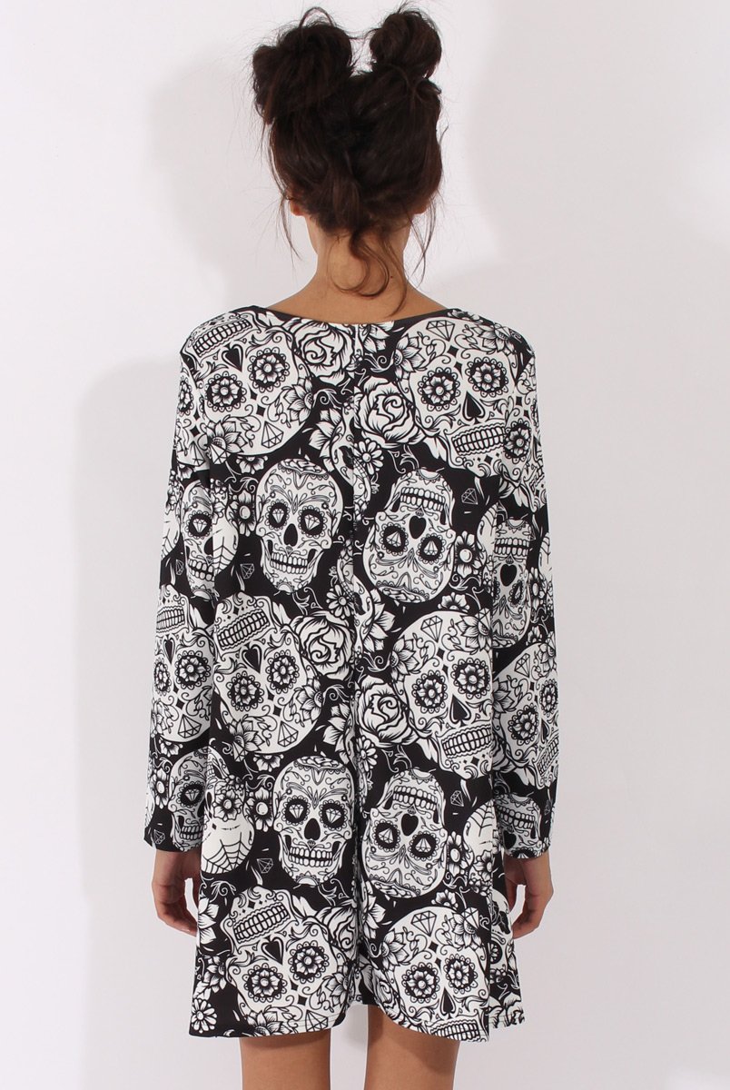 Black & White Halloween Sugar Skull Swing Dress - Calavera-Dresses