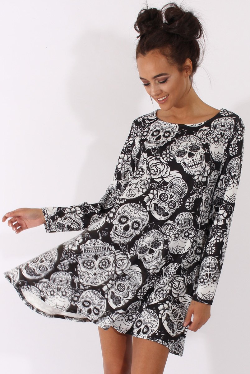 Black & White Halloween Sugar Skull Swing Dress - Calavera-Dresses