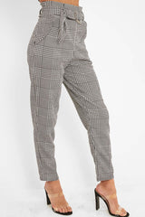 Black White Houndstooth Belted Tapered Trousers - Aasia-Trousers