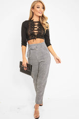Black White Houndstooth Belted Tapered Trousers - Aasia-Trousers