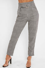 Black White Houndstooth Belted Tapered Trousers - Aasia-Trousers