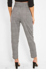 Black White Houndstooth Belted Tapered Trousers - Aasia-Trousers
