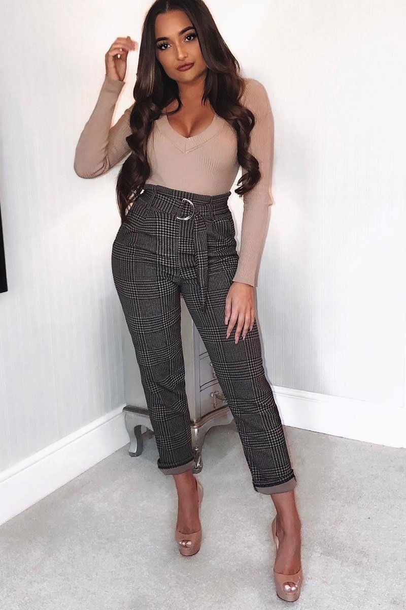 Black White Houndstooth Belted Tapered Trousers - Aasia-Trousers