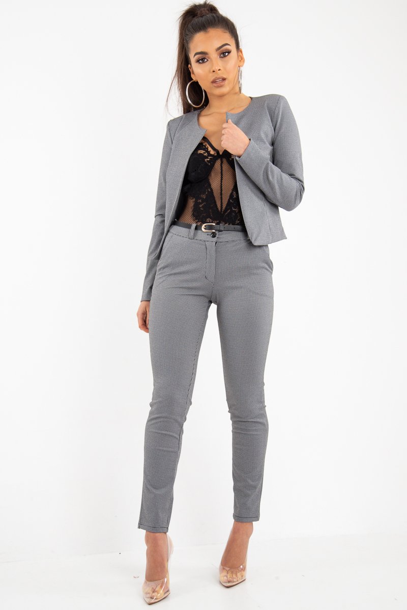 Black White Houndstooth Blazer Trousers Co-Ord - Kalese-Co-ords