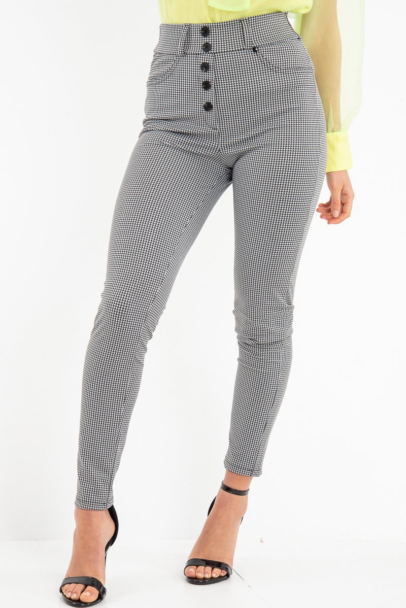 Black White Houndstooth Button Front Trousers - Isabelle-Trousers