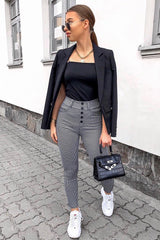 Black White Houndstooth Button Front Trousers - Isabelle-Trousers