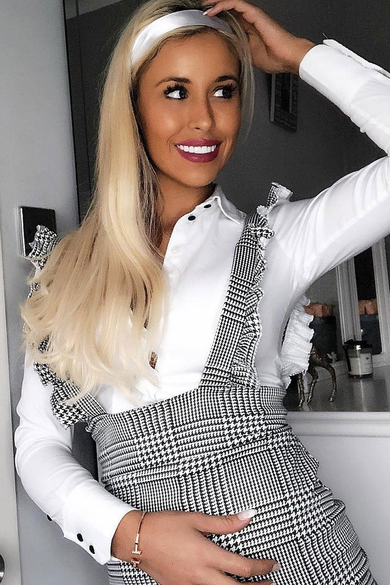 Black White Houndstooth Crepe Ruffle Dress - Maisy-Dresses