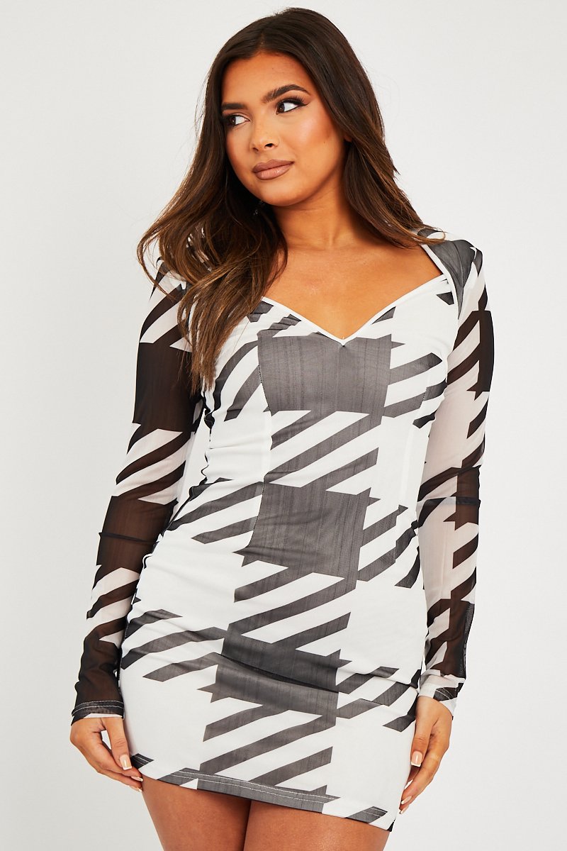Black White Houndstooth Mesh Bodycon Dress - Caela-Dresses