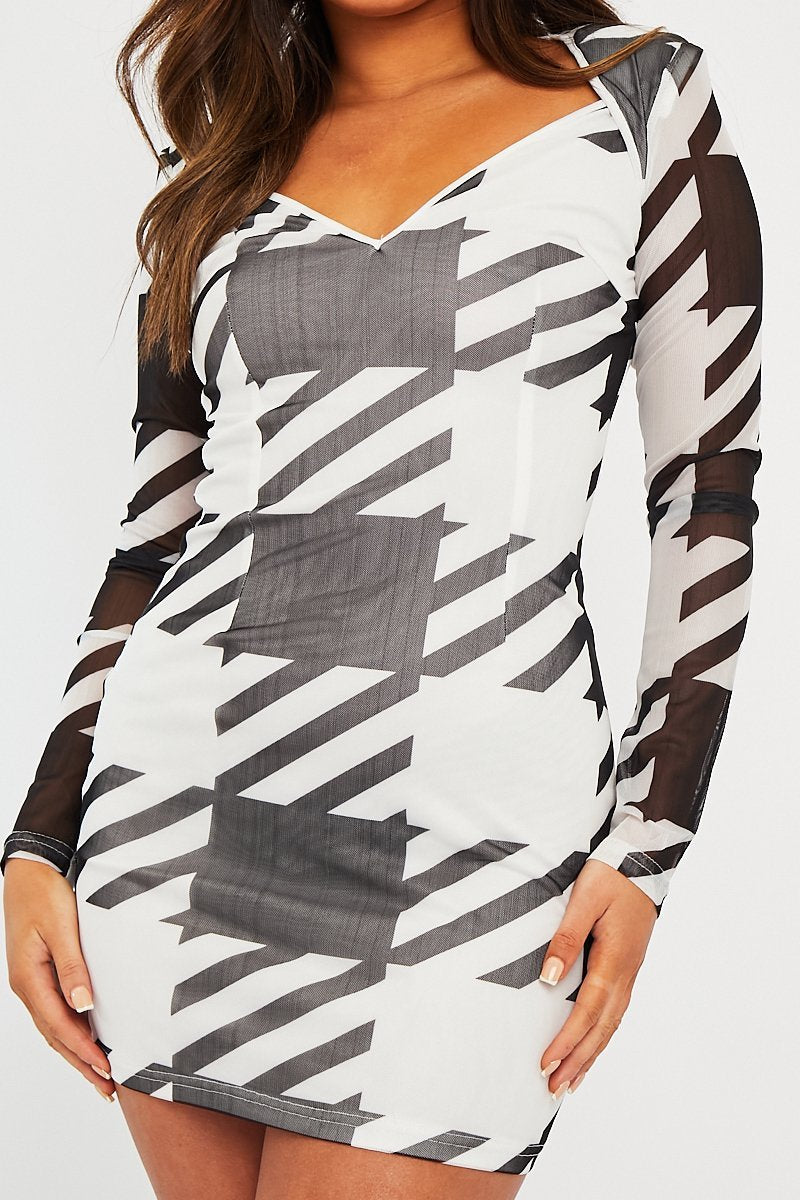 Black White Houndstooth Mesh Bodycon Dress - Caela-Dresses