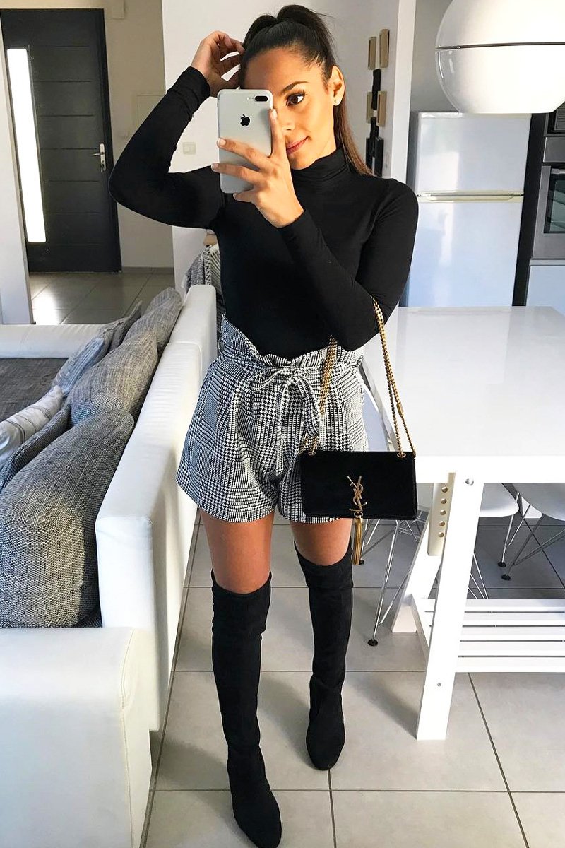 Black White Houndstooth Paper Bag Waist Shorts - Rhyla-Shorts
