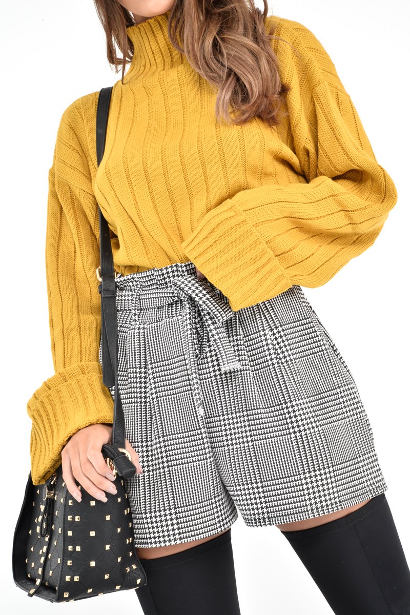 Black White Houndstooth Paper Bag Waist Shorts - Rhyla-Shorts