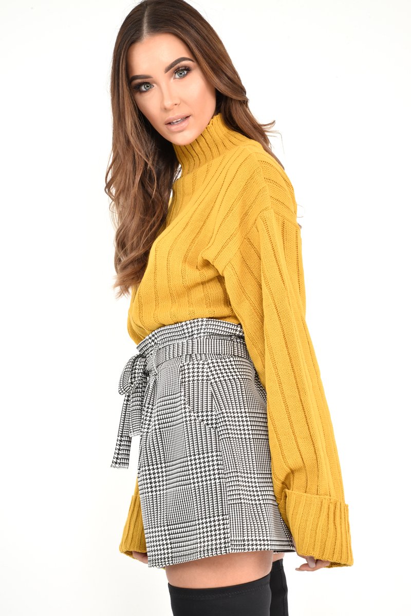 Black White Houndstooth Paper Bag Waist Shorts - Rhyla-Shorts