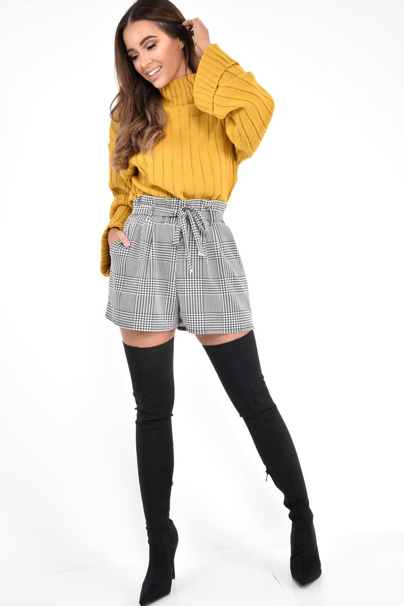 Black White Houndstooth Paper Bag Waist Shorts - Rhyla-Shorts