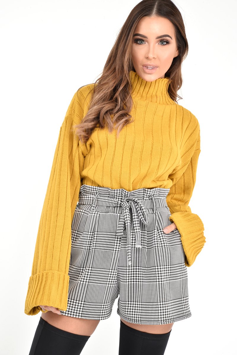 Black White Houndstooth Paper Bag Waist Shorts - Rhyla-Shorts
