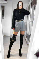 Black White Houndstooth Paper Bag Waist Shorts - Rhyla-Shorts