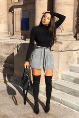 Black White Houndstooth Paper Bag Waist Shorts - Rhyla-Shorts