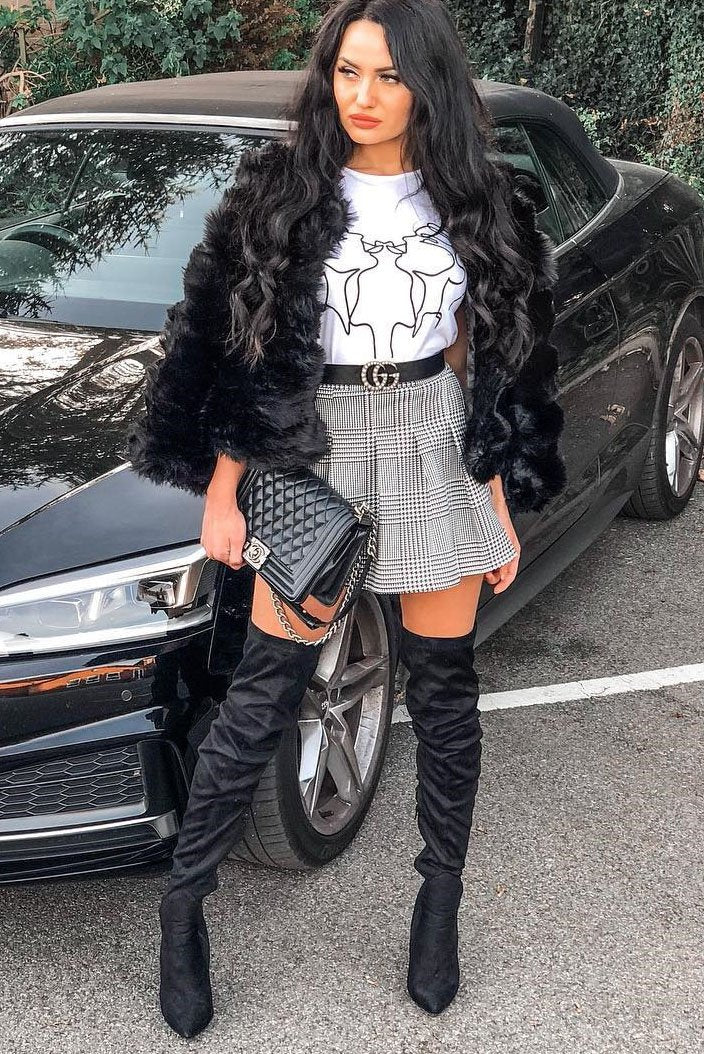 Black White Houndstooth Pleated Mini Skirt - Nyonna-Skirts