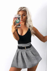 Black White Houndstooth Pleated Mini Skirt - Nyonna-Skirts