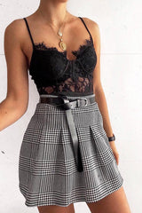Black White Houndstooth Pleated Mini Skirt - Nyonna-Skirts