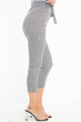 Black White Houndstooth Tie Waist Straight Leg Trousers - Sylvi-Trousers