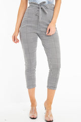 Black White Houndstooth Tie Waist Straight Leg Trousers - Sylvi-Trousers