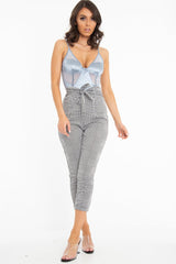 Black White Houndstooth Tie Waist Straight Leg Trousers - Sylvi-Trousers