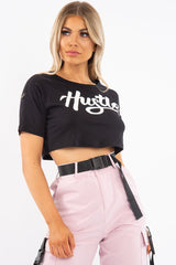 Black White Hustle Slogan Crop T Shirt - Brienna-Crop Tops